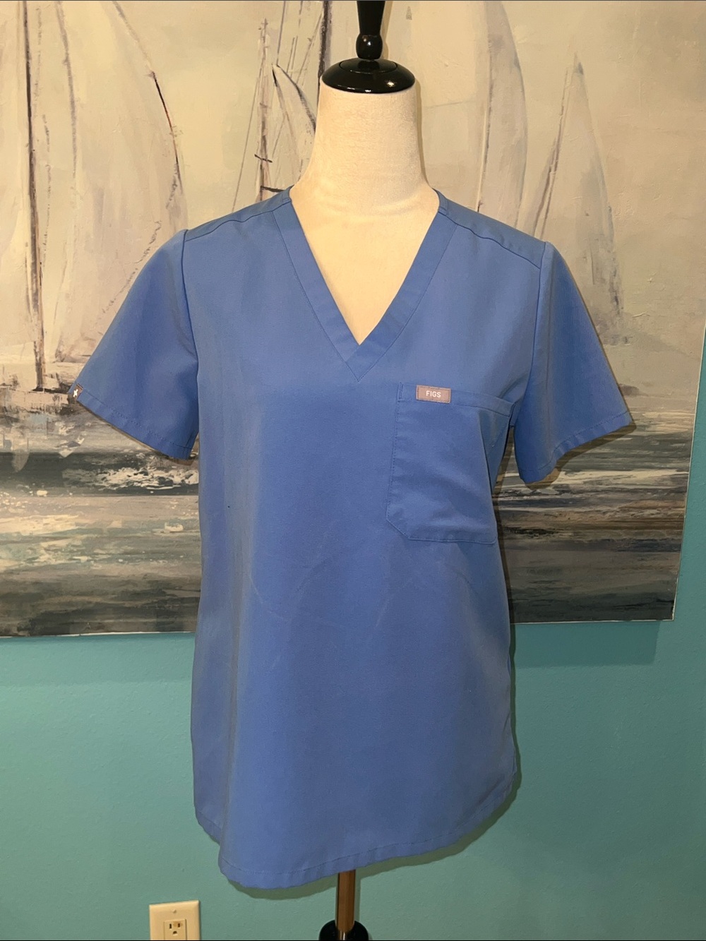 FIGS Catarina One Pocket Ceil Blue Scrub Top, Small